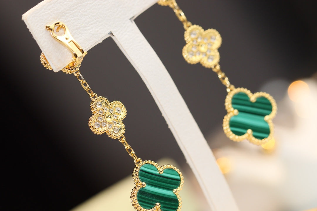 [BLUE TEARS]CLOVER EARRINGS GOLD MALACHITE DIAMOND 3 MOTIF