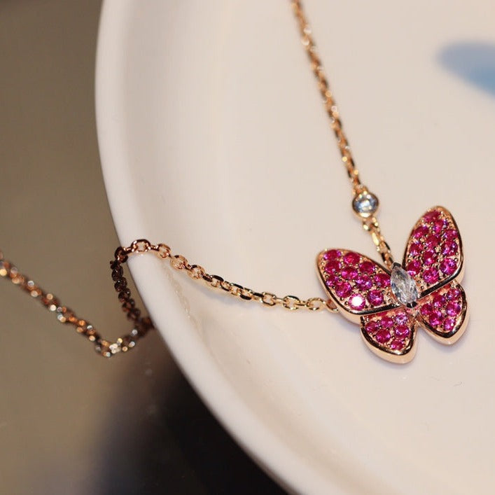 [BLUE TEARS]BUTTERFLY RED DIAMOND ROSE GOLD NECKLACE
