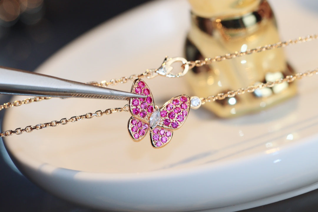 [BLUE TEARS]BUTTERFLY RED DIAMOND ROSE GOLD NECKLACE