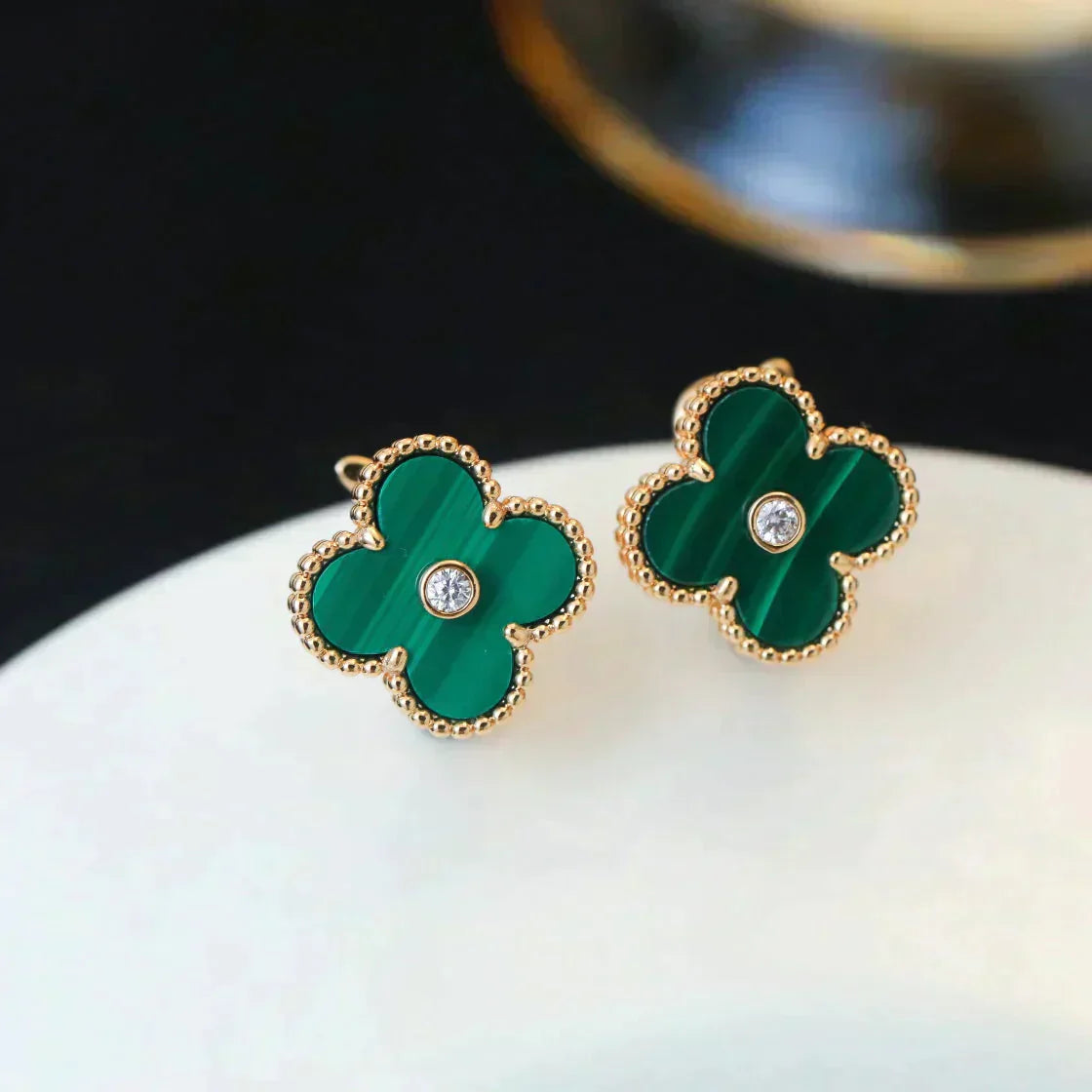 [BLUE TEARS]CLOVER MEDIUM 1 MOTIFS MALACHITE DIAMOND EARRINGS