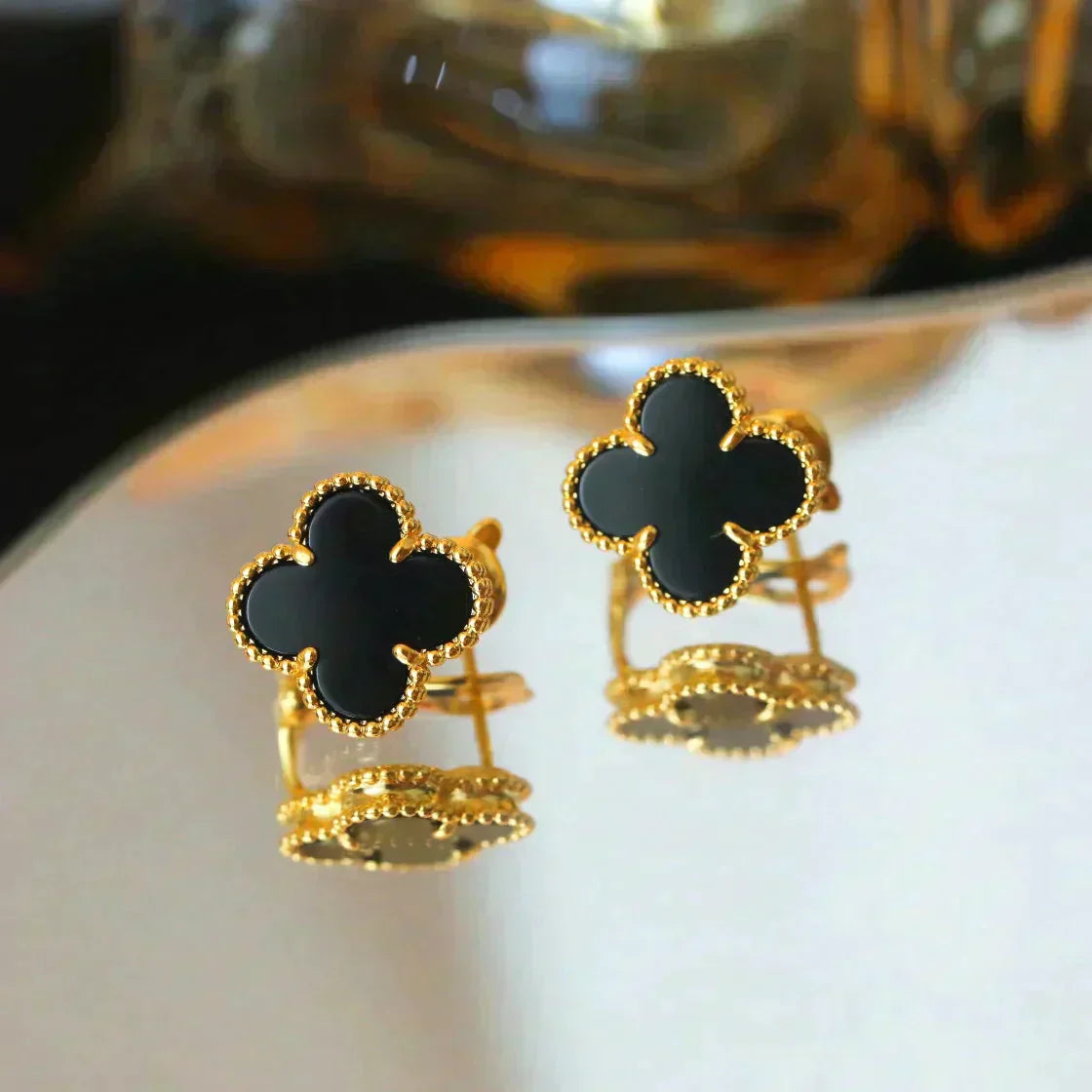 [BLUE TEARS]CLOVER MEDIUM 1 MOTIFS  ONYX STUD EARRINGS