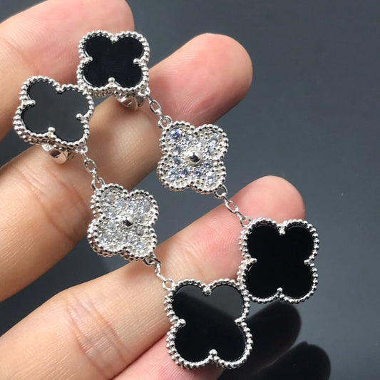 [BLUE TEARS]CLOVER 3 MOTIF DIAMOND ONYX SILVER EARRINGS