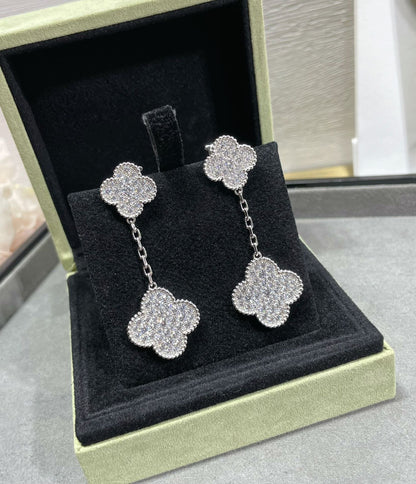 [BLUE TEARS]CLOVER 2 MOTIFS DIAMOND PAVED SILVER EARRINGS