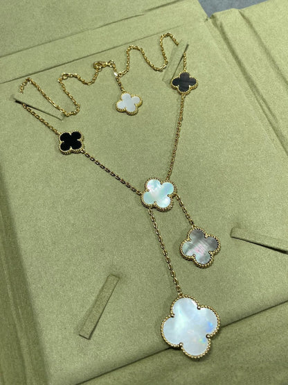 [BLUE TEARS]CLOVER 6 MOTIF MOP ONYX GOLD NECKLACE