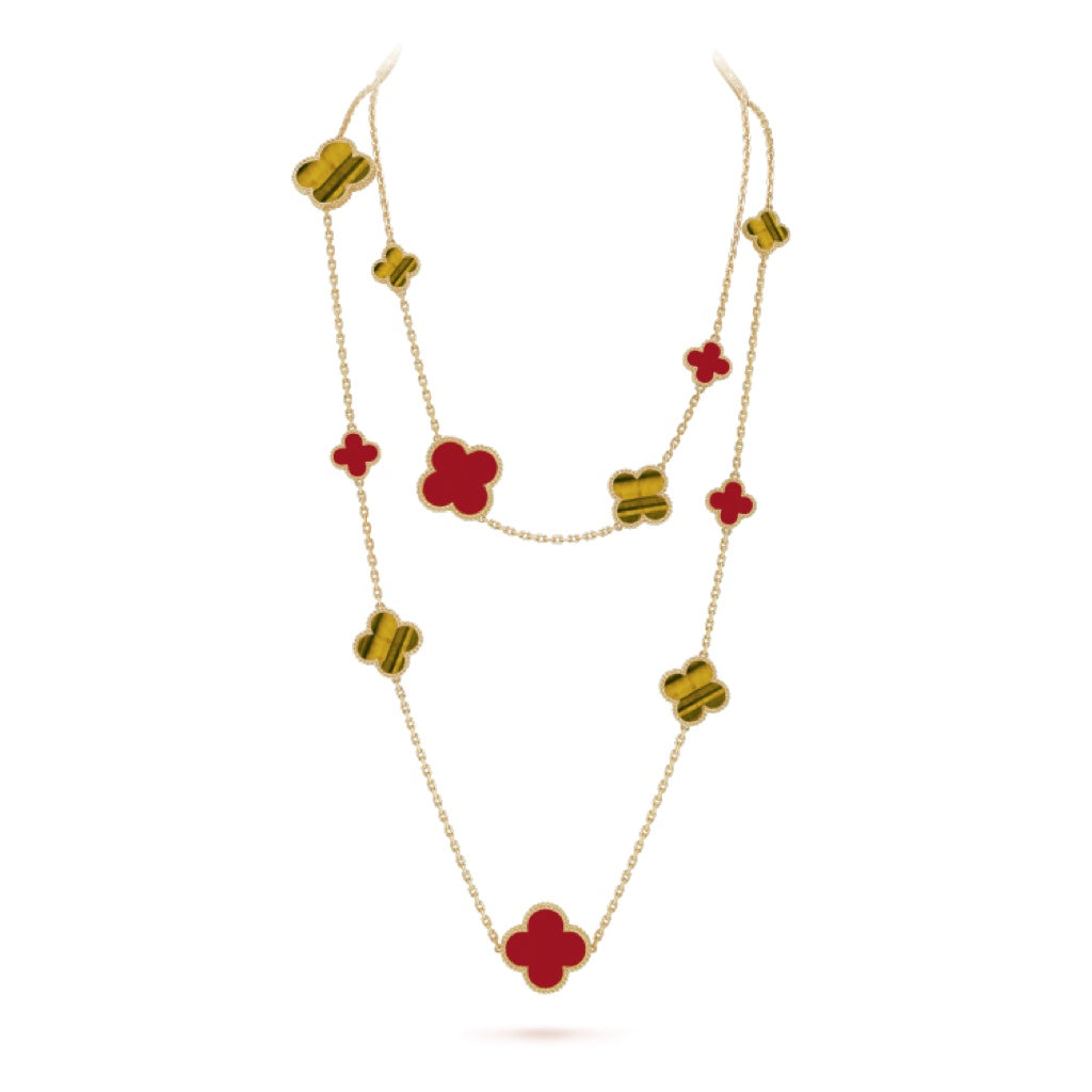 [BLUE TEARS]CLOVER 16 MOTIF CARNELIAN TIGER EYE ROSE GOLD NECKLACE