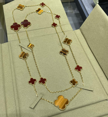 [BLUE TEARS]CLOVER 16 MOTIF CARNELIAN TIGER EYE ROSE GOLD NECKLACE