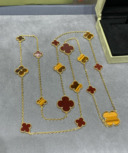 [BLUE TEARS]CLOVER 16 MOTIF CARNELIAN TIGER EYE ROSE GOLD NECKLACE