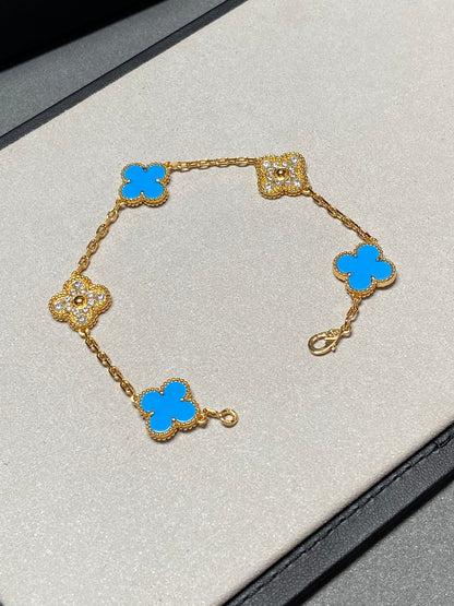 [BLUE TEARS]CLOVER 5 MOTIF BLUE CHALCEDONY DIAMOND GOLD BRACELET