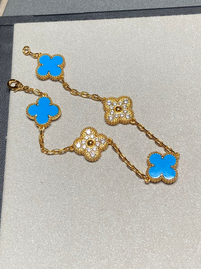 [BLUE TEARS]CLOVER 5 MOTIF BLUE CHALCEDONY DIAMOND GOLD BRACELET