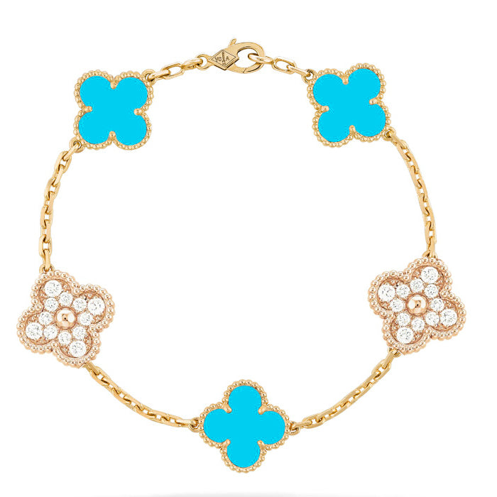 [BLUE TEARS]CLOVER 5 MOTIF TURQUOISE DIAMOND GOLD BRACELET