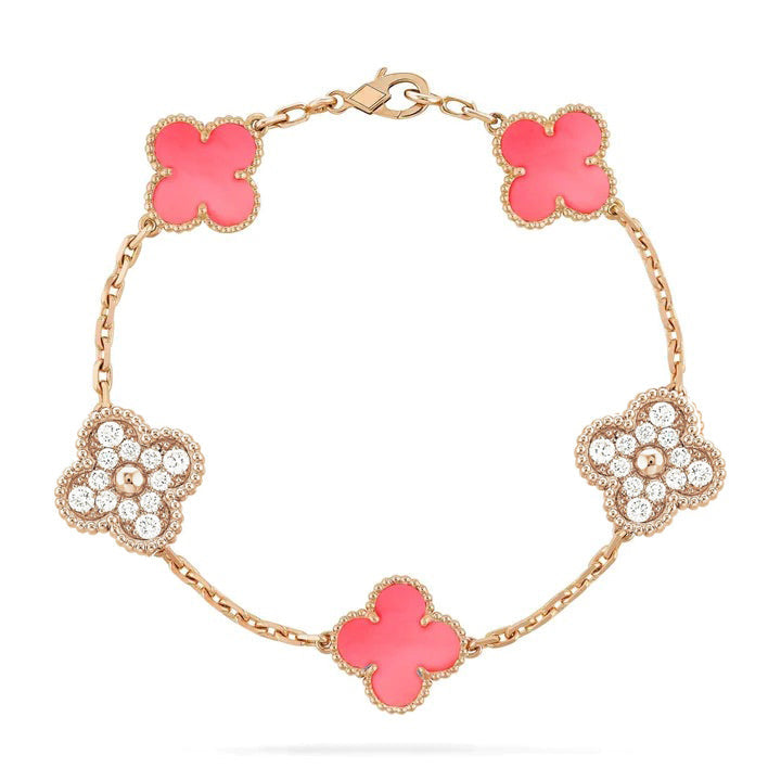 [BLUE TEARS]CLOVER 5 MOTIF DIAMOND PINK MOP PINK GOLD BRACELET
