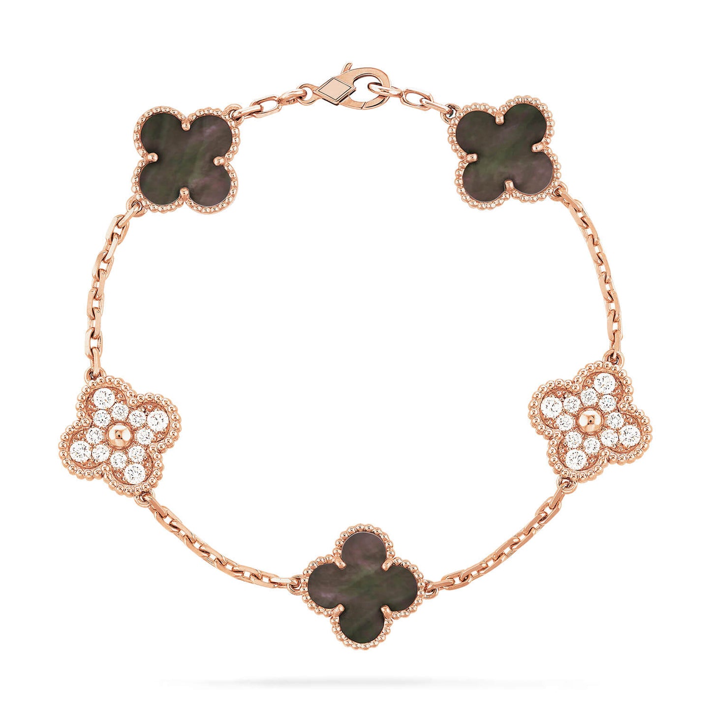 [BLUE TEARS]CLOVER 5 MOTIFS DARK MOP AND DIAMONDS PINK GOLD BRACELET