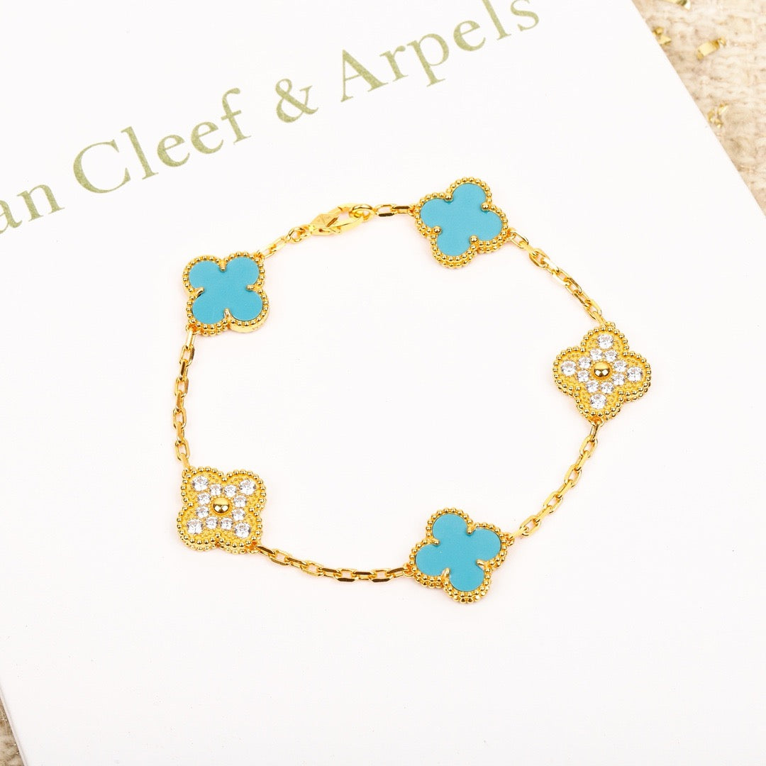 [BLAUE TRÄNEN]KLEE 5 MOTIV TÜRKIS DIAMANT GOLDARMBAND