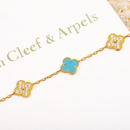 [BLUE TEARS]CLOVER 5 MOTIF TURQUOISE DIAMOND GOLD BRACELET