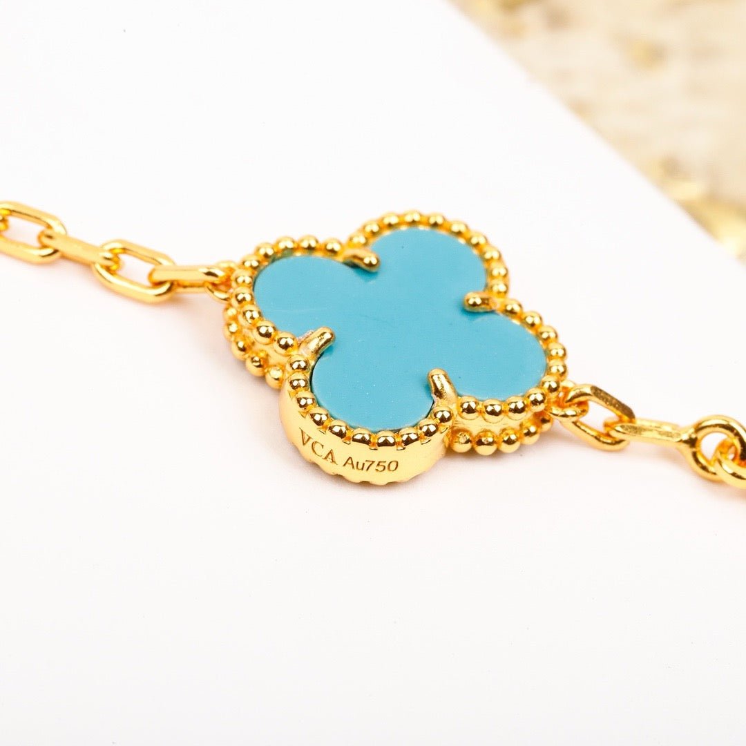 [BLUE TEARS]CLOVER 5 MOTIF TURQUOISE DIAMOND GOLD BRACELET
