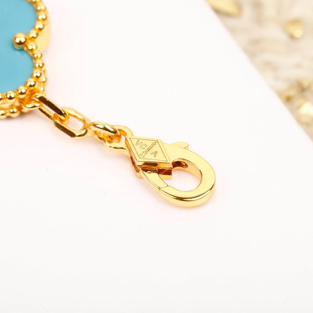 [BLUE TEARS]CLOVER 5 MOTIF TURQUOISE DIAMOND GOLD BRACELET