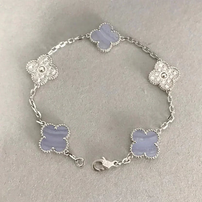 [BLUE TEARS]CLOVER  5 MOTIF DIAMOND PURPLE CHALCEDONY BRACELET SILVER