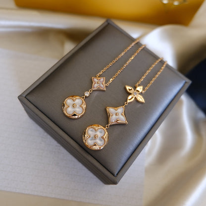 [BLUE TEARS]COLOR BLOSSOM LARIAT NECKLACE PINK GOLD WHITE MOTHER PEARL AND DIAMOND