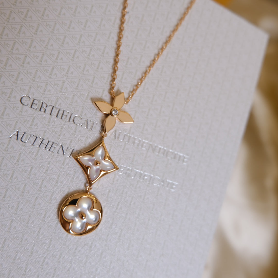 [BLUE TEARS]COLOR BLOSSOM LARIAT NECKLACE PINK GOLD WHITE MOTHER PEARL AND DIAMOND