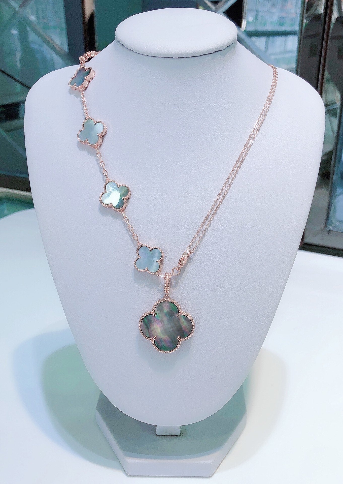 [BLUE TEARS]COMBINED BRACELET 5 MOTIFS AND NECKLACE DARK MOP ROSE GOLD