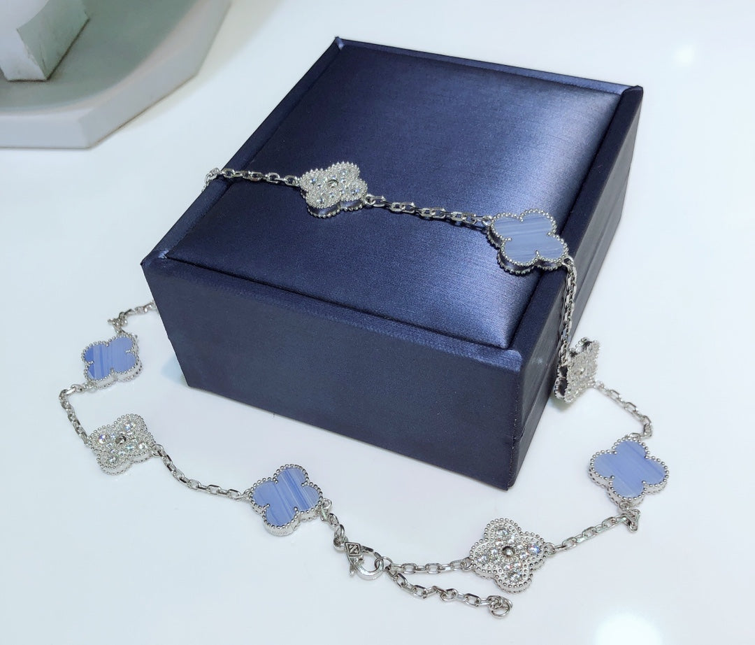 [BLUE TEARS]CLOVER 10 MOTIFS CHALCEDONY DIAMONDS SILVER NECKLACE