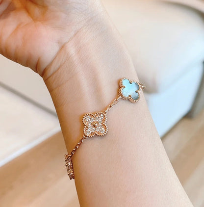 [BLUE TEARS]CLOVER 5 MOTIFS DARK MOP AND DIAMONDS PINK GOLD BRACELET